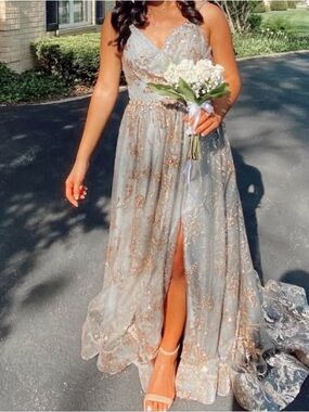 Gipper Prom Silver-Gray Prom Gown with Gold Sequin Accents